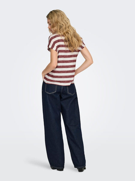 ONLY Striped Short Sleeve V-Neck Top in Maroon