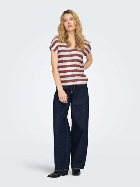 ONLY Striped Short Sleeve V-Neck Top in Maroon