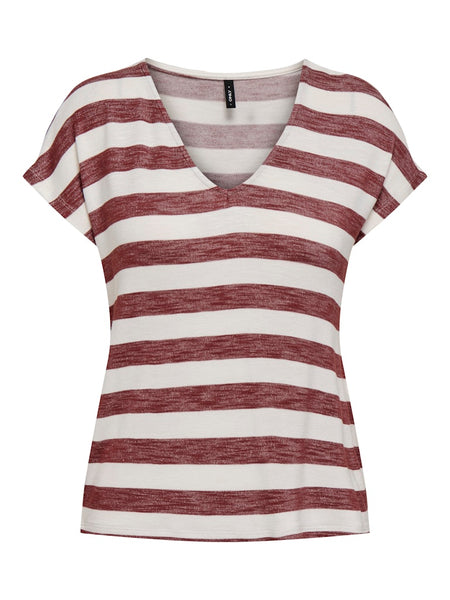 ONLY Striped Short Sleeve V-Neck Top in Maroon