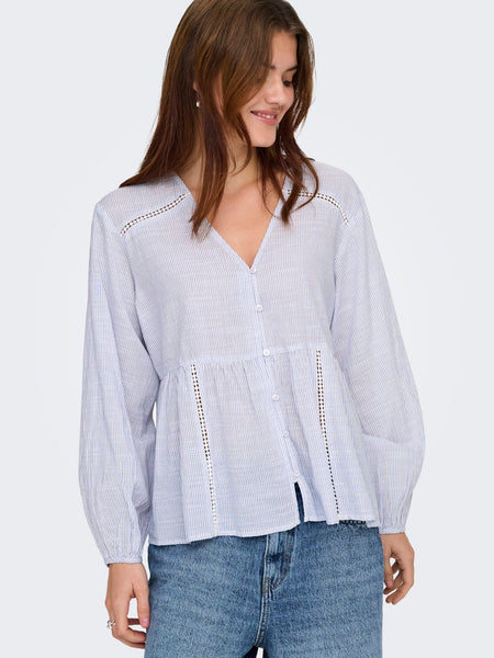 ONLY Pinstripe V-Neck Peplum Shirt in White