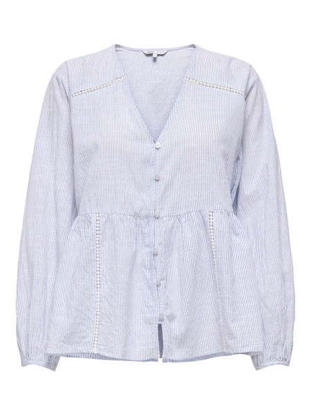 ONLY Pinstripe V-Neck Peplum Shirt in White