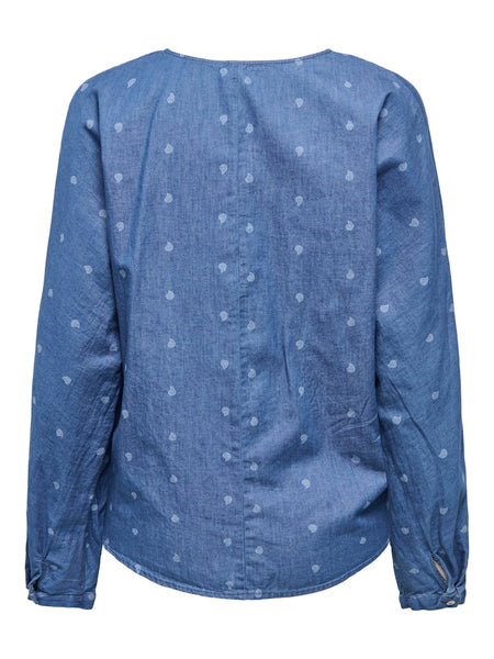 ONLY Denim Paisley Print Knot Shirt in Medium Blue