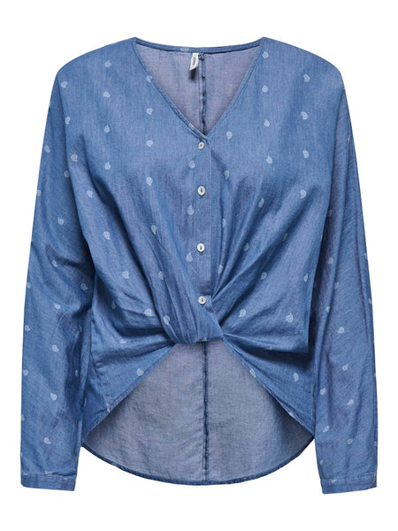 ONLY Denim Paisley Print Knot Shirt in Medium Blue