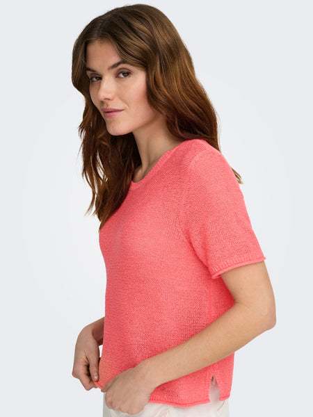 ONLY Short Sleeve Knitted Top in Coral