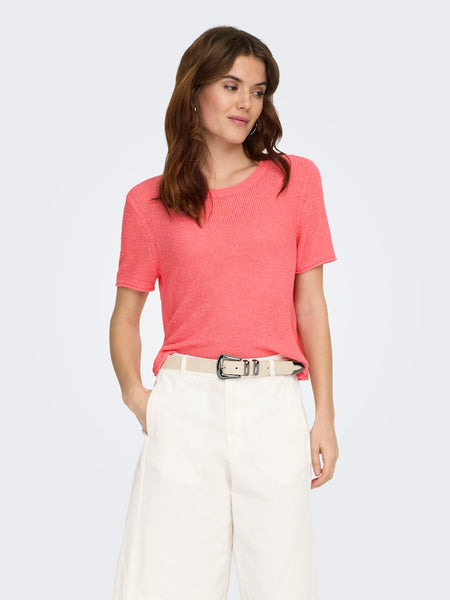 ONLY Short Sleeve Knitted Top in Coral