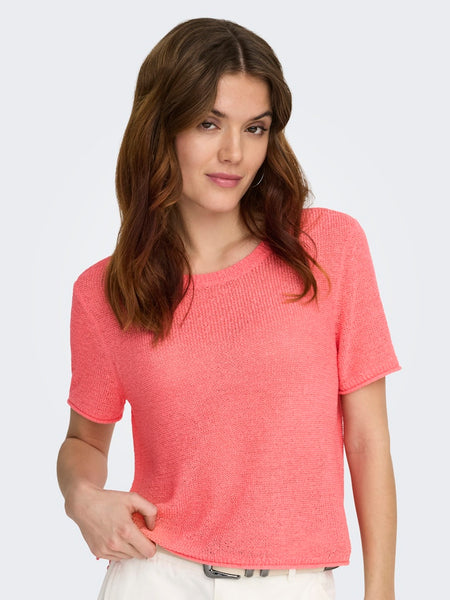 ONLY Short Sleeve Knitted Top in Coral