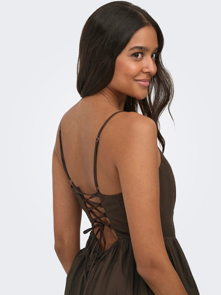 ONLY Long Sleeveless Tie Back Dress in Brown