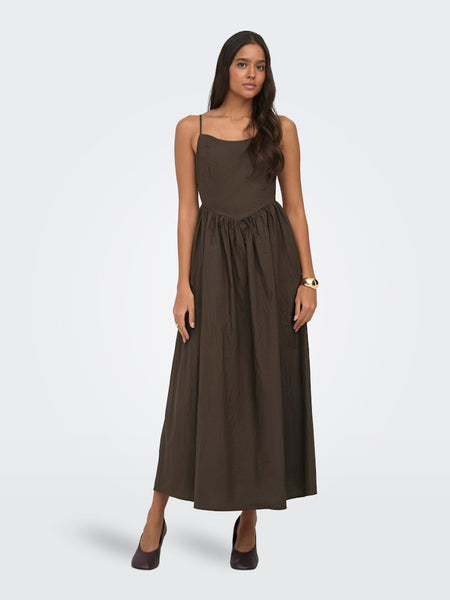ONLY Long Sleeveless Tie Back Dress in Brown