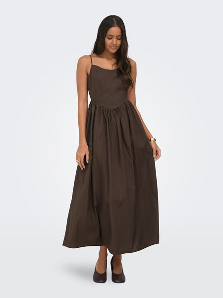 ONLY Long Sleeveless Tie Back Dress in Brown