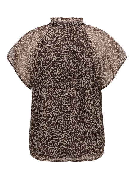 ONLY Animal Print Short Sleeve Tie Neck Blouse in Brown