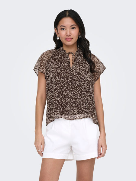 ONLY Animal Print Short Sleeve Tie Neck Blouse in Brown