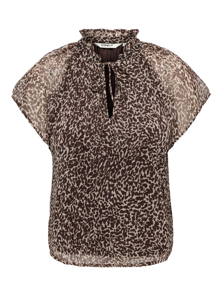 ONLY Animal Print Short Sleeve Tie Neck Blouse in Brown