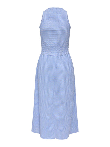 ONLY Checked Sleeveless Smock Midi Dress in Blue
