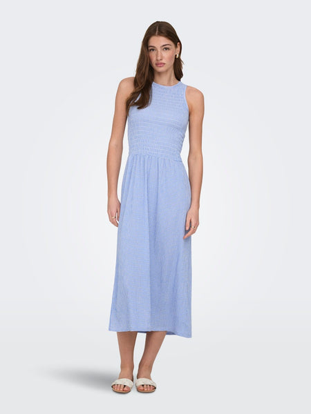 ONLY Checked Sleeveless Smock Midi Dress in Blue