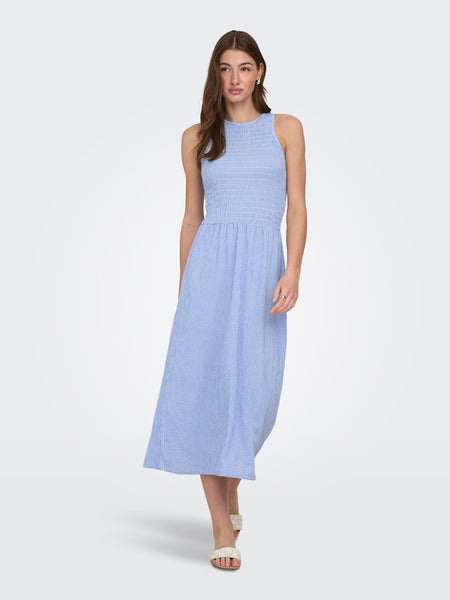 ONLY Checked Sleeveless Smock Midi Dress in Blue
