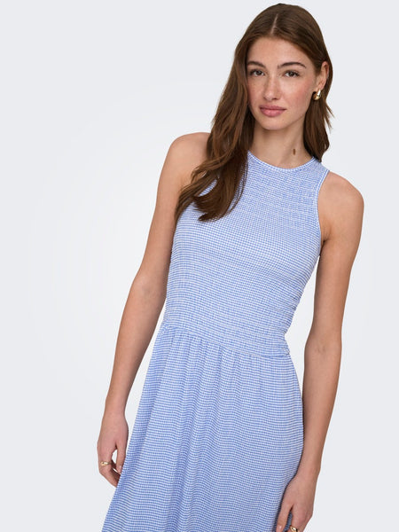 ONLY Checked Sleeveless Smock Midi Dress in Blue
