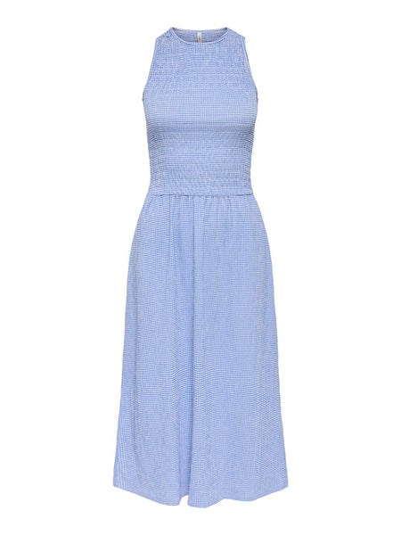 ONLY Checked Sleeveless Smock Midi Dress in Blue