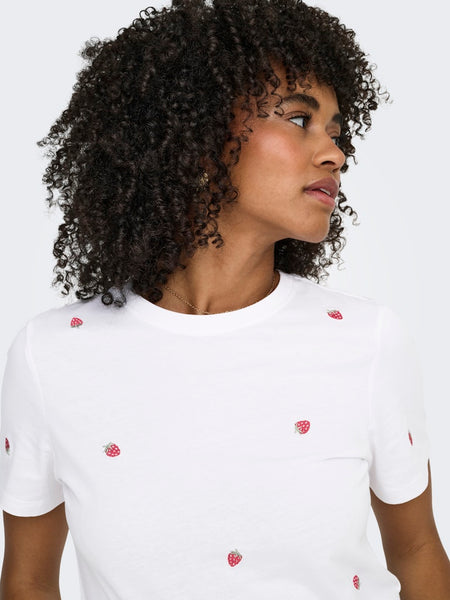 ONLY Embroidered Strawberry T-Shirt in White