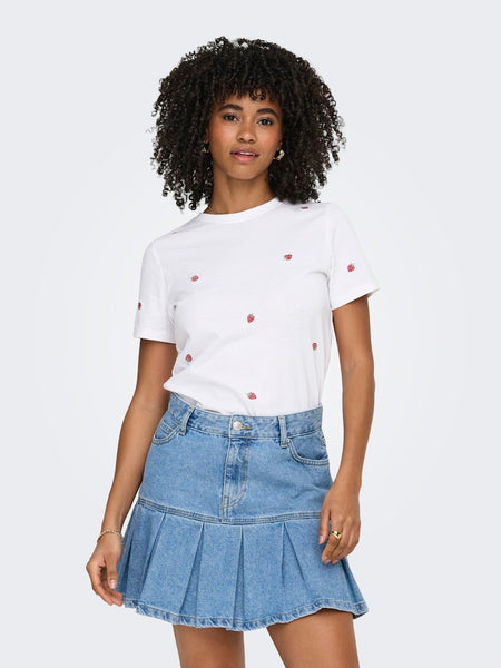 ONLY Embroidered Strawberry T-Shirt in White
