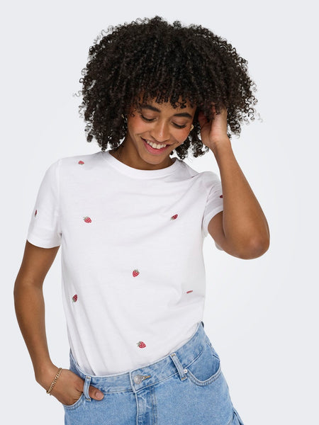 ONLY Embroidered Strawberry T-Shirt in White
