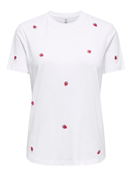 ONLY Embroidered Strawberry T-Shirt in White