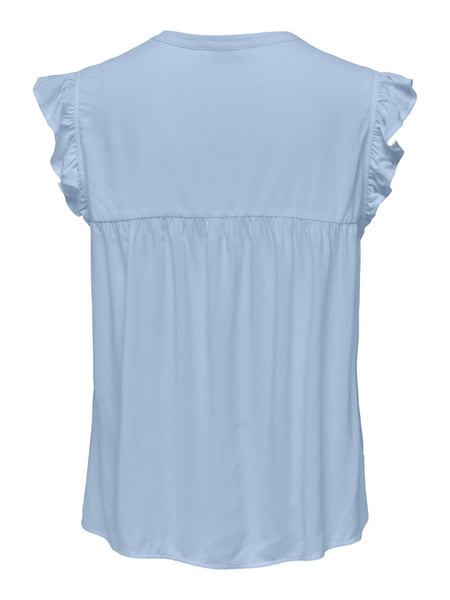 ONLY White Embroidered Short Frill Sleeve Top in Blue
