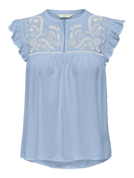 ONLY White Embroidered Short Frill Sleeve Top in Blue
