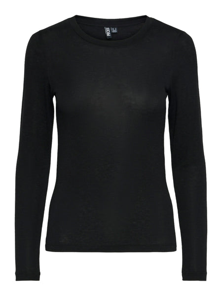 Pieces Long Sleeve O-Neck Top in Black