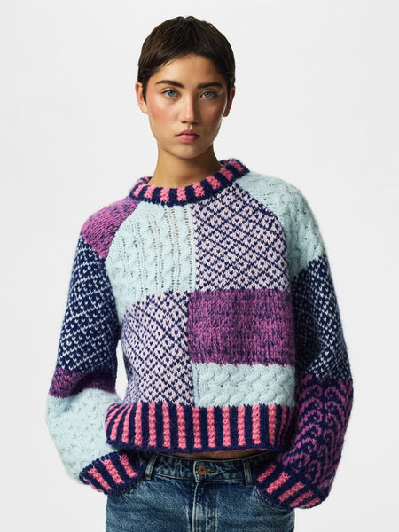 PIECES Block Pattern Knit Jumper in Pink