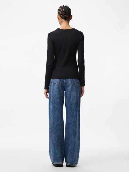 PIECES Long Sleeve Ribbed Top in Black