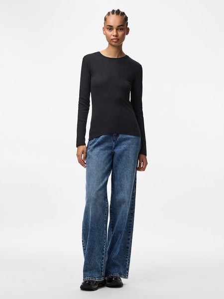 PIECES Long Sleeve Ribbed Top in Black