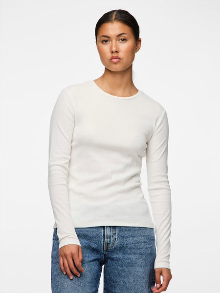 PIECES Long Sleeve Ribbed Top in White