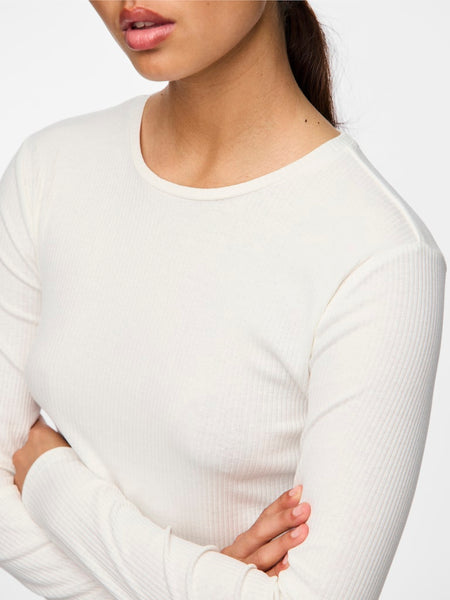 PIECES Long Sleeve Ribbed Top in White