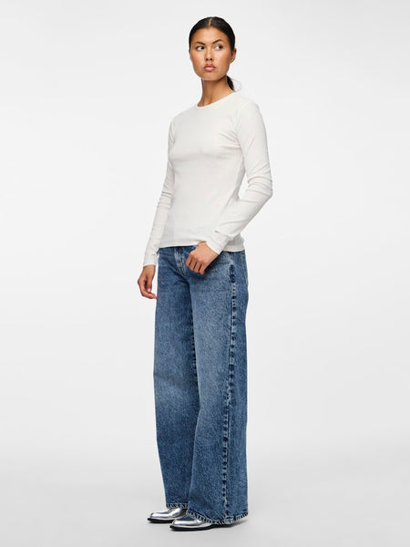 PIECES Long Sleeve Ribbed Top in White