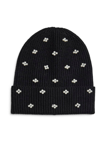 Pieces Embellished Pearl Detail Beanie in Black