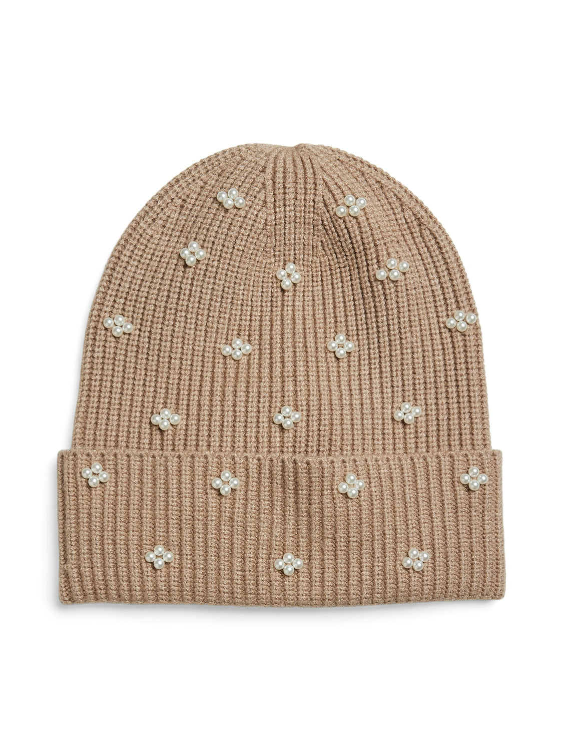 Pieces Embellished Pearl Detail Beanie in Brown