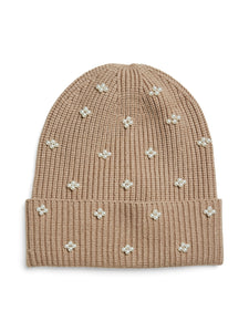 Pieces Embellished Pearl Detail Beanie in Brown