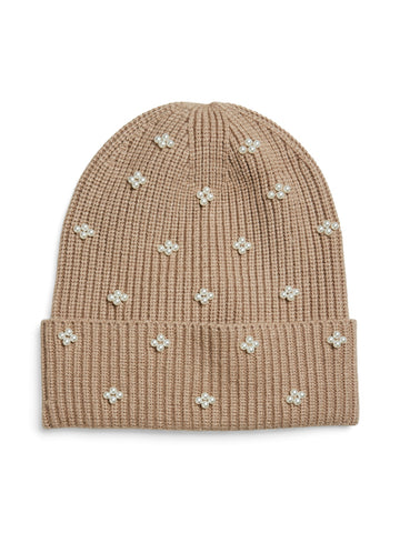 Pieces Embellished Pearl Detail Beanie in Brown