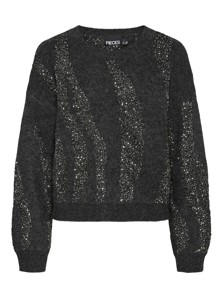 PIECES Patterned Sequin Knit Jumper in Dark Grey