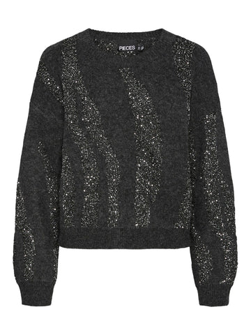 PIECES Patterned Sequin Knit Jumper in Dark Grey