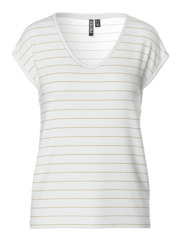 Pieces Striped Gold Lurex T-Shirt in White