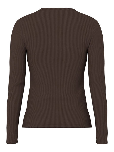 PIECES Long Sleeve Ribbed Top in Chocolate