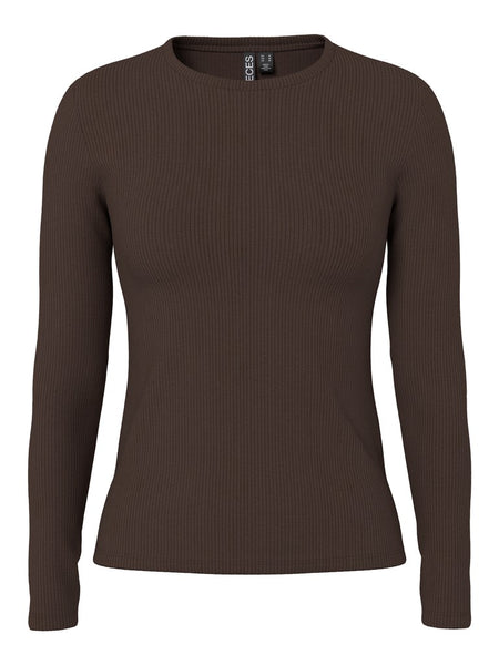 PIECES Long Sleeve Ribbed Top in Chocolate