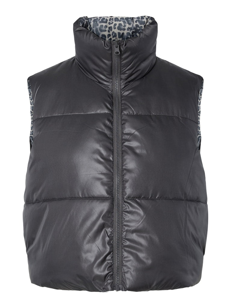 PIECES Reversible Leopard Print Padded Gilet in Charcoal