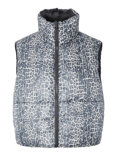 PIECES Reversible Leopard Print Padded Gilet in Charcoal