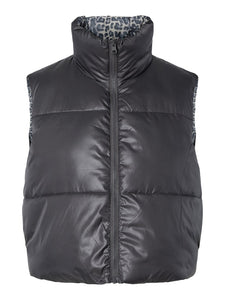 PIECES Reversible Leopard Print Padded Gilet in Charcoal