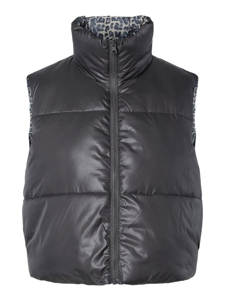 PIECES Reversible Leopard Print Padded Gilet in Charcoal