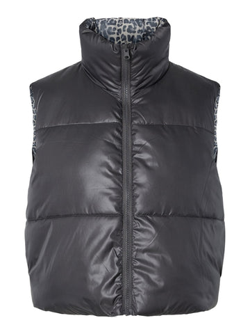 PIECES Reversible Leopard Print Padded Gilet in Charcoal