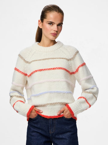 PIECES Multicolour Striped Knit Jumper in Cream