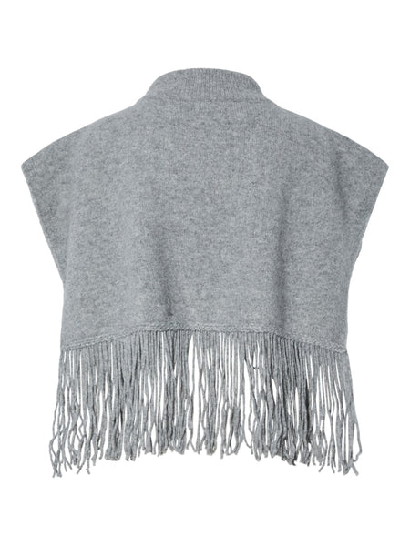 PIECES Knitted Tassel Poncho in Light Grey